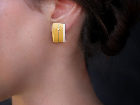 Rectangle modern gold & silver & diamonds earrings For Sale